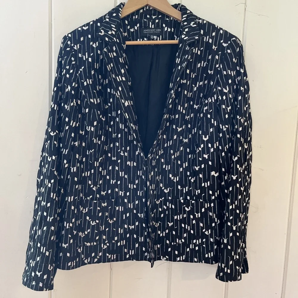 Jones New York Collection Black White Pattern Embroidered Blazer Jacket 20W,